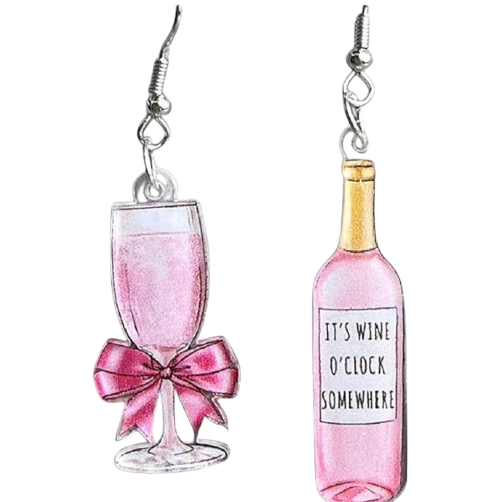 Pink Wine Glass and Bottle Earrings